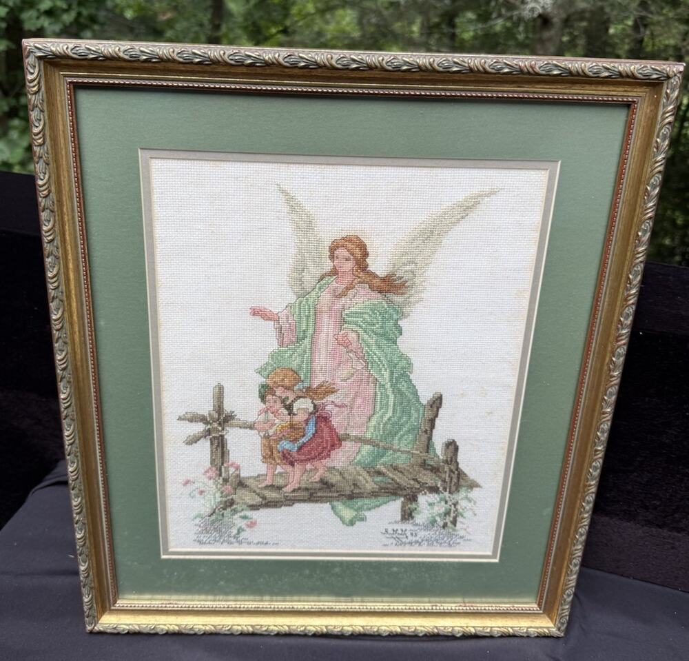 Vintage Custom Framed Double Matted Finished Cross Stitch "Guardian Angel" 20”
